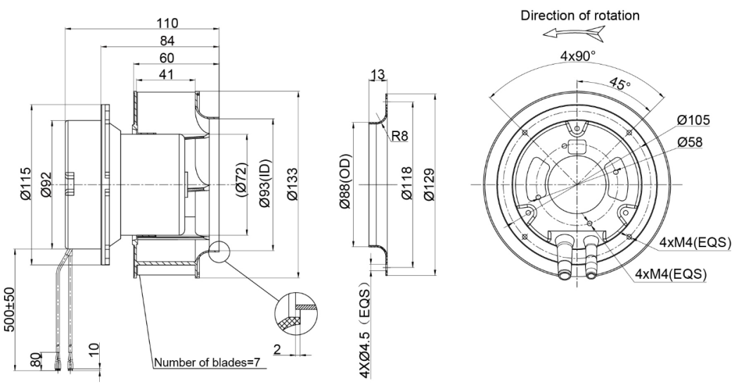 133mm EC-AC Backward Curved Centrifugal Fan PB3N133B2EH