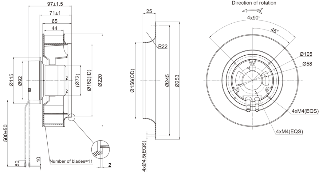 220mm EC-AC Backward Curved Centrifugal Fan PB3N220B2EM