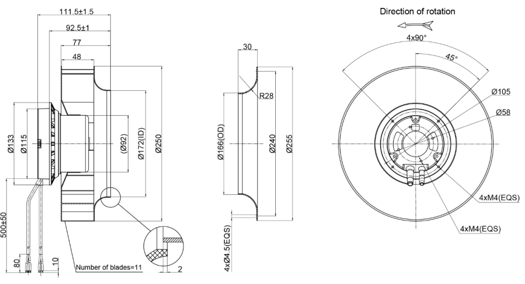 250mm EC-AC Backward Curved Centrifugal Fan PB3N250B2EL