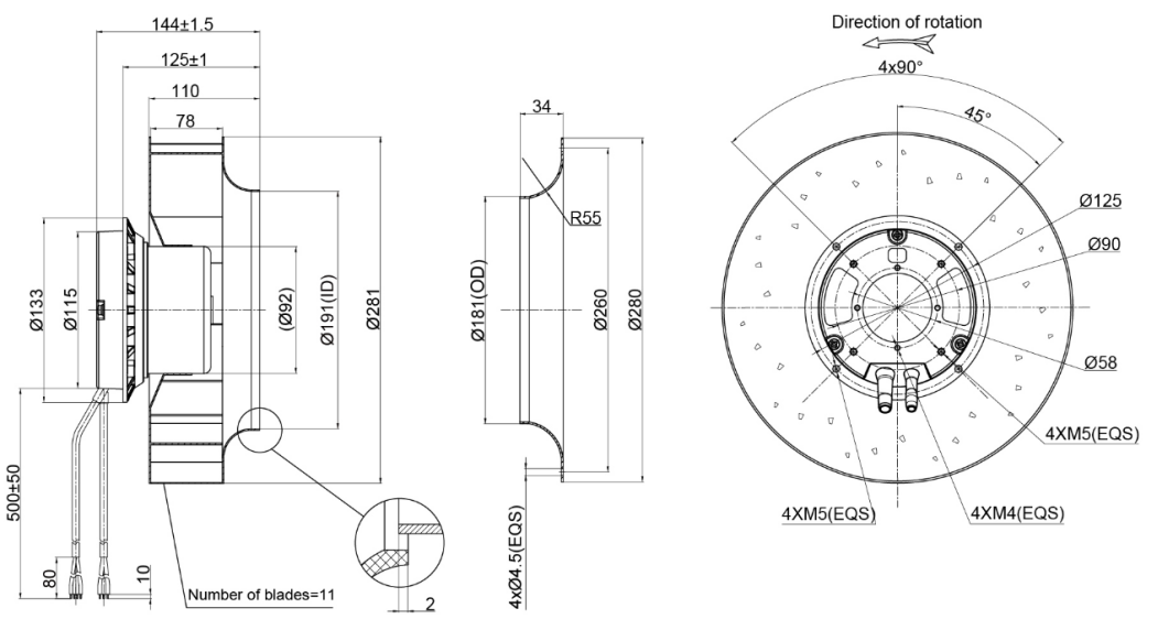 280mm EC-AC Backward Curved Centrifugal Fan PB3N280B2EM