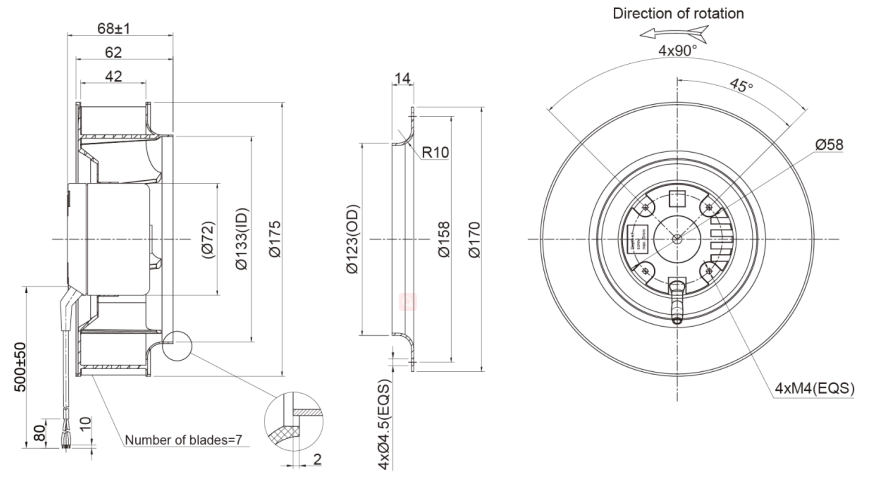 175mm EC-DC Backward Curved Centrifugal Fan PB3N175B12H