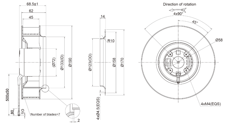 190mm EC-DC Backward Curved Centrifugal Fan PB3N190B48M