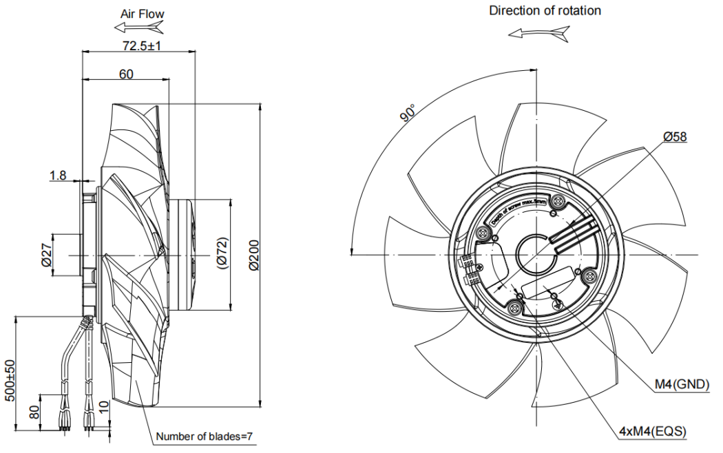 200mm Waterproof IP55 EC-AC Axial Fan PA3N200B2E-SN0