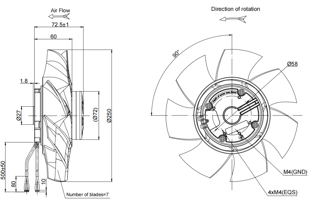 250mm Waterproof IP55 EC-AC Axial Fan PA3N250B2E-RN0