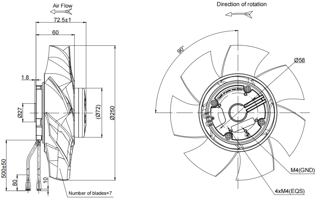250mm Waterproof IP55 EC-AC Axial Fan PA3N250B2E-SN0