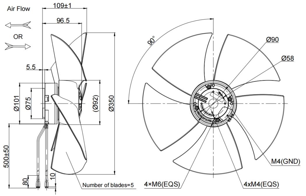 350mm Waterproof IP55 EC-AC Axial Fan PG3N350B2E-MN0
