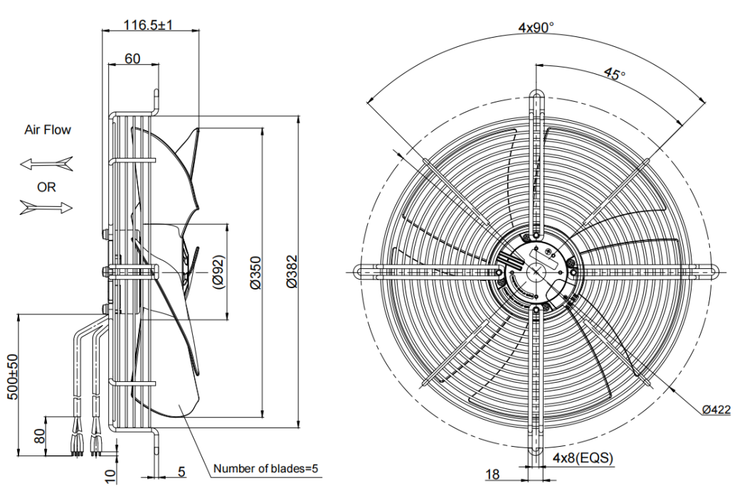 350mm Waterproof IP55 EC-AC Axial Fan PG3N350B2E-MZ0