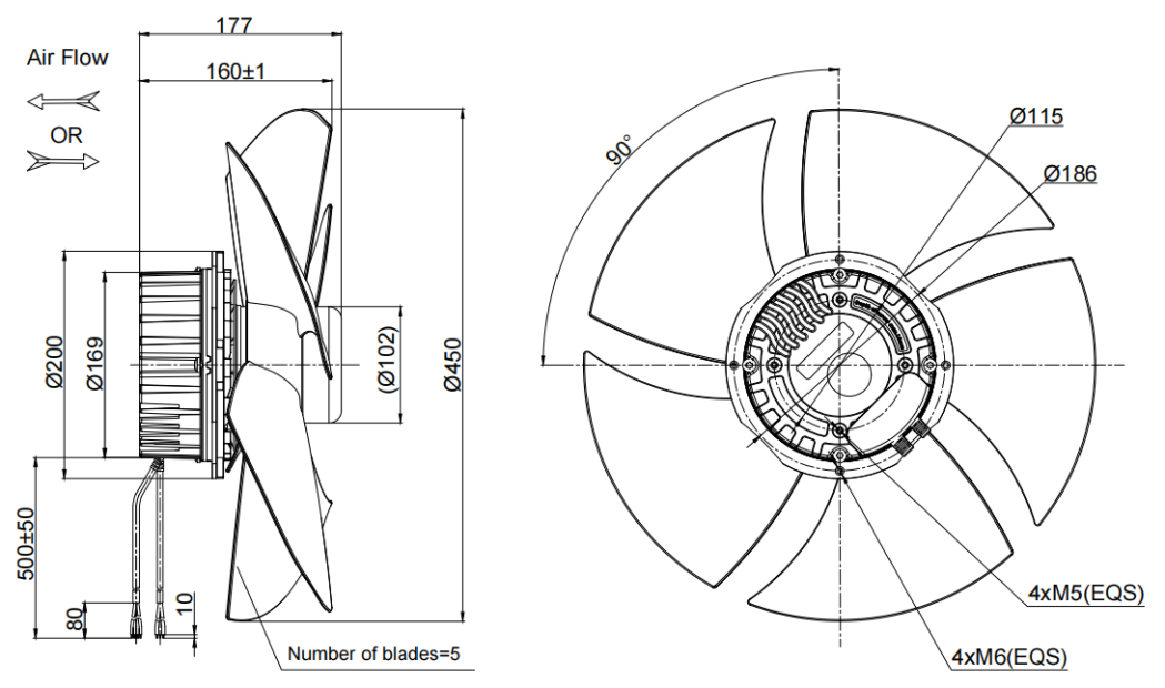 450mm Waterproof IP55 EC-AC Axial Fan PG3N450B2E-ZN5