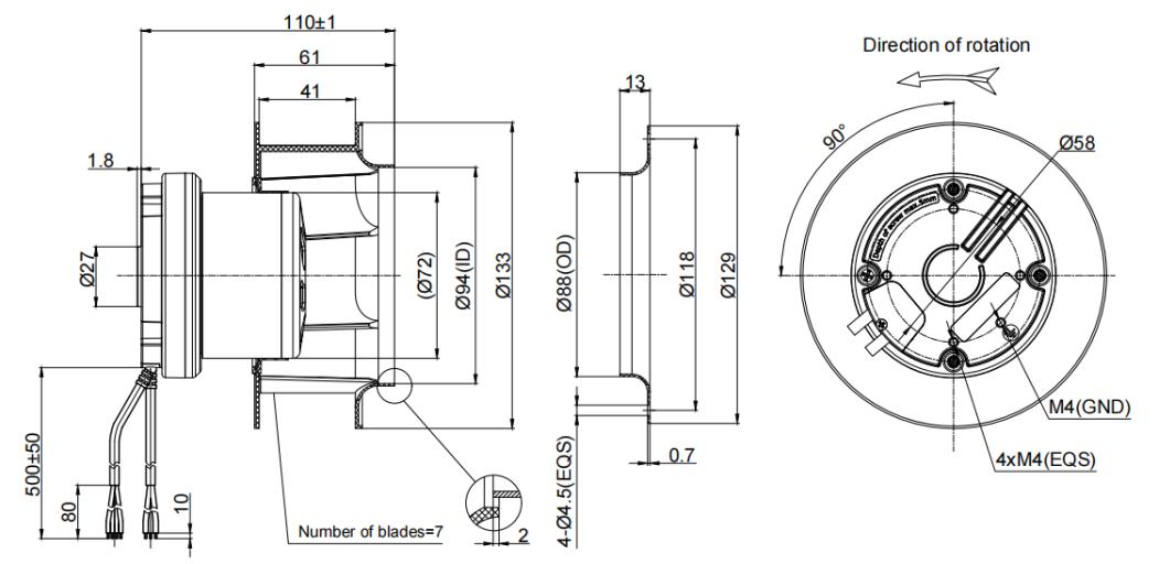 133mm Waterproof IP55 EC-AC Backward Curved Centrifugal Fan PB3N133B2E-RB2