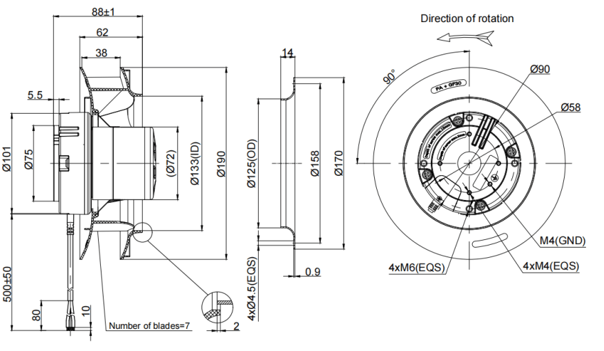 190mm EC-DC Waterproof IP55 Backward Curved Centrifugal Fan PB3N190B24-TZ0