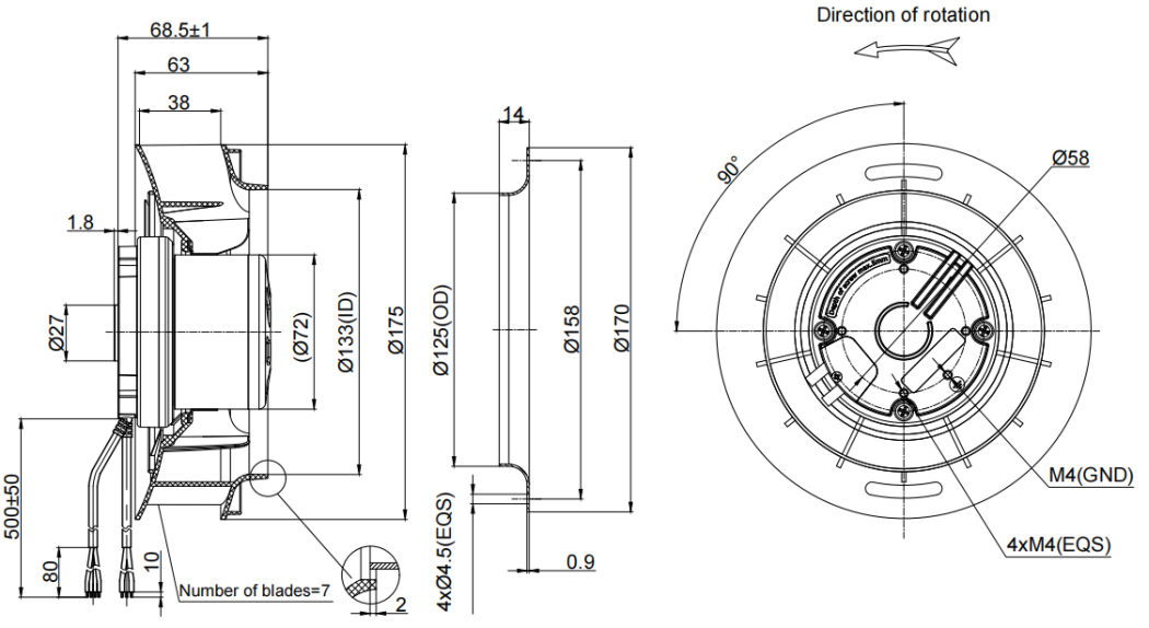 175mm Waterproof IP55 EC-AC Backward Curved Centrifugal Fan PB3N175B2E-RZ0