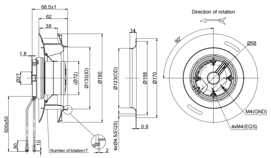 190mm Waterproof IP55 EC-AC Backward Curved Centrifugal Fan PB3N190B2E-RZ0