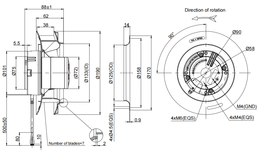 190mm EC-DC Waterproof IP55 Backward Curved Centrifugal Fan PB3N190B48-TZ1