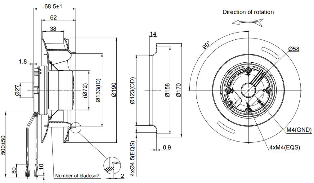 190mm Waterproof IP55 EC-AC Backward Curved Centrifugal Fan PB3N190B2E-RZ1
