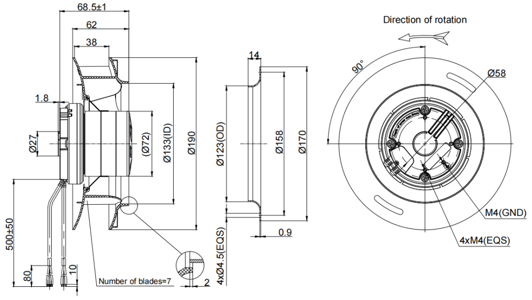 190mm Waterproof IP55 EC-AC Backward Curved Centrifugal Fan PB3N190B2E-SZ0