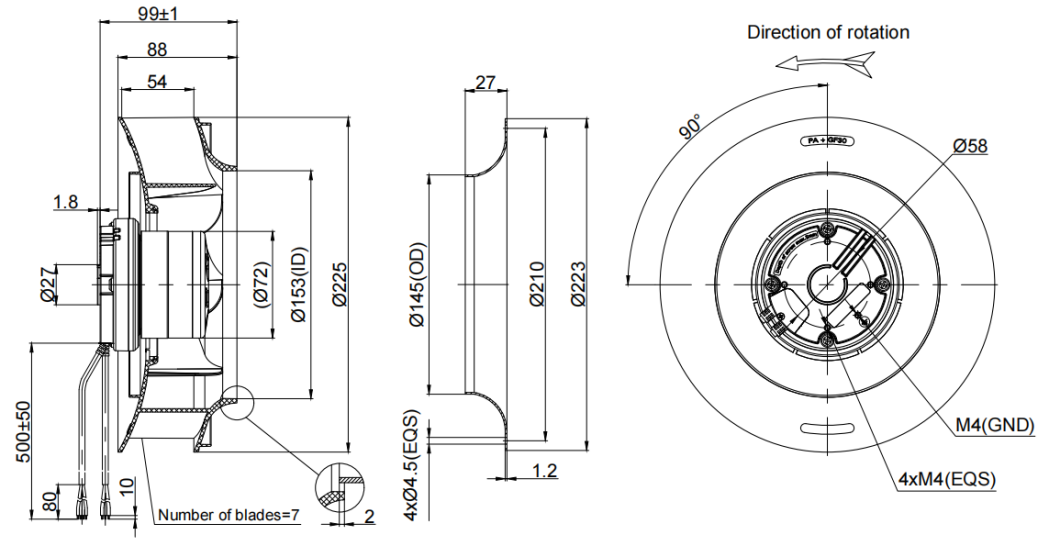 225mm Waterproof IP55 EC-AC Backward Curved Centrifugal Fan PB3N225B2E-RG1