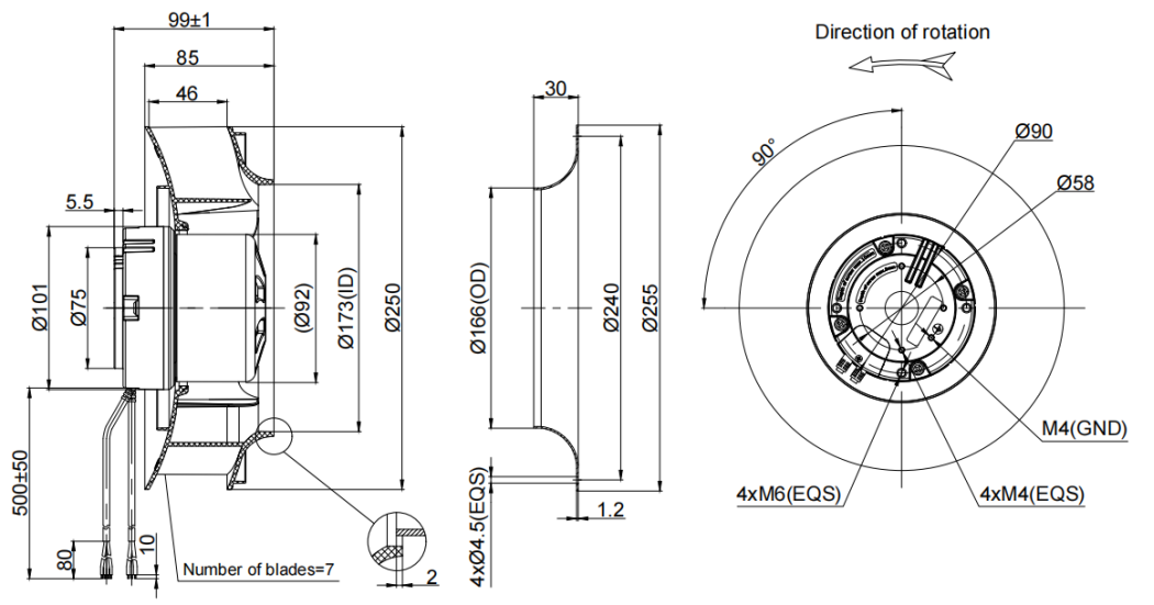 250mm Waterproof IP55 EC-AC Backward Curved Centrifugal Fan PB3N250B2E-MZ0