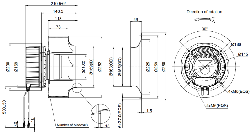 250mm Waterproof IP55 EC-AC Backward Curved Centrifugal Fan PB3N250B4E-YZ5