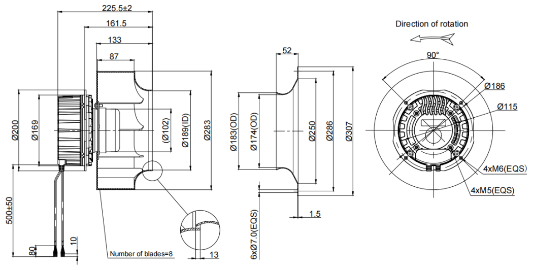 280mm Waterproof IP55 EC-AC Backward Curved Centrifugal Fan PB3N280B4E-YZ5