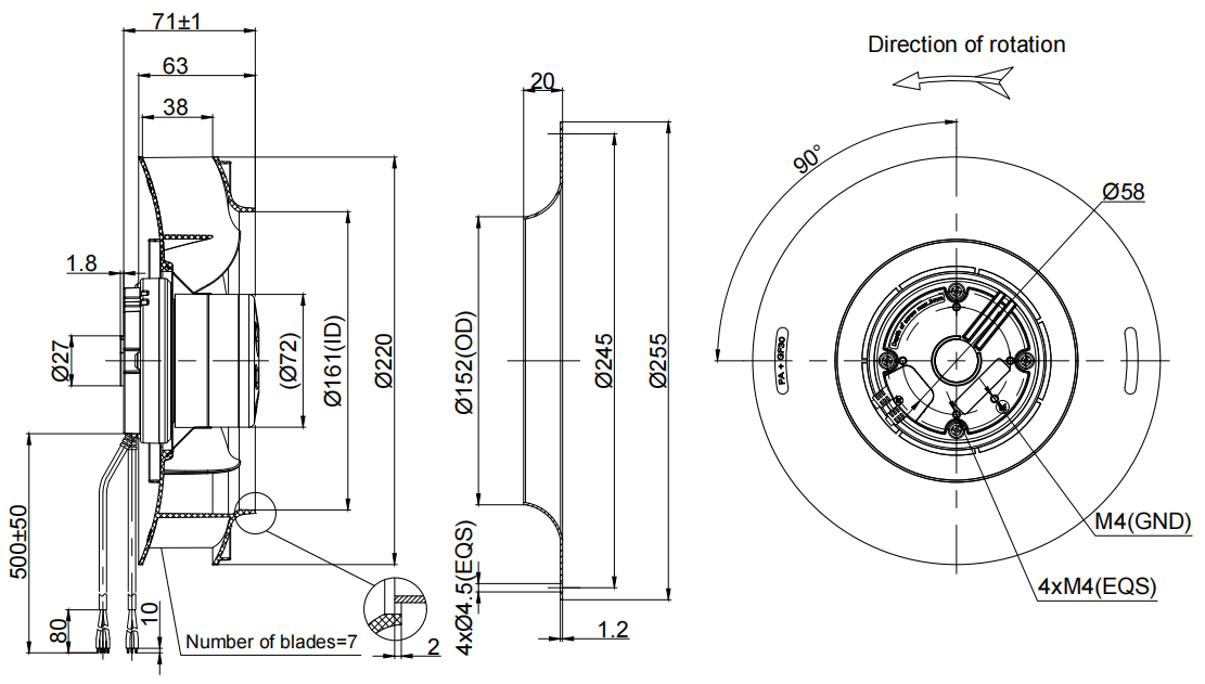 220mm Waterproof IP55 EC-AC Backward Curved Centrifugal Fan PB3N220B2E-SZ0