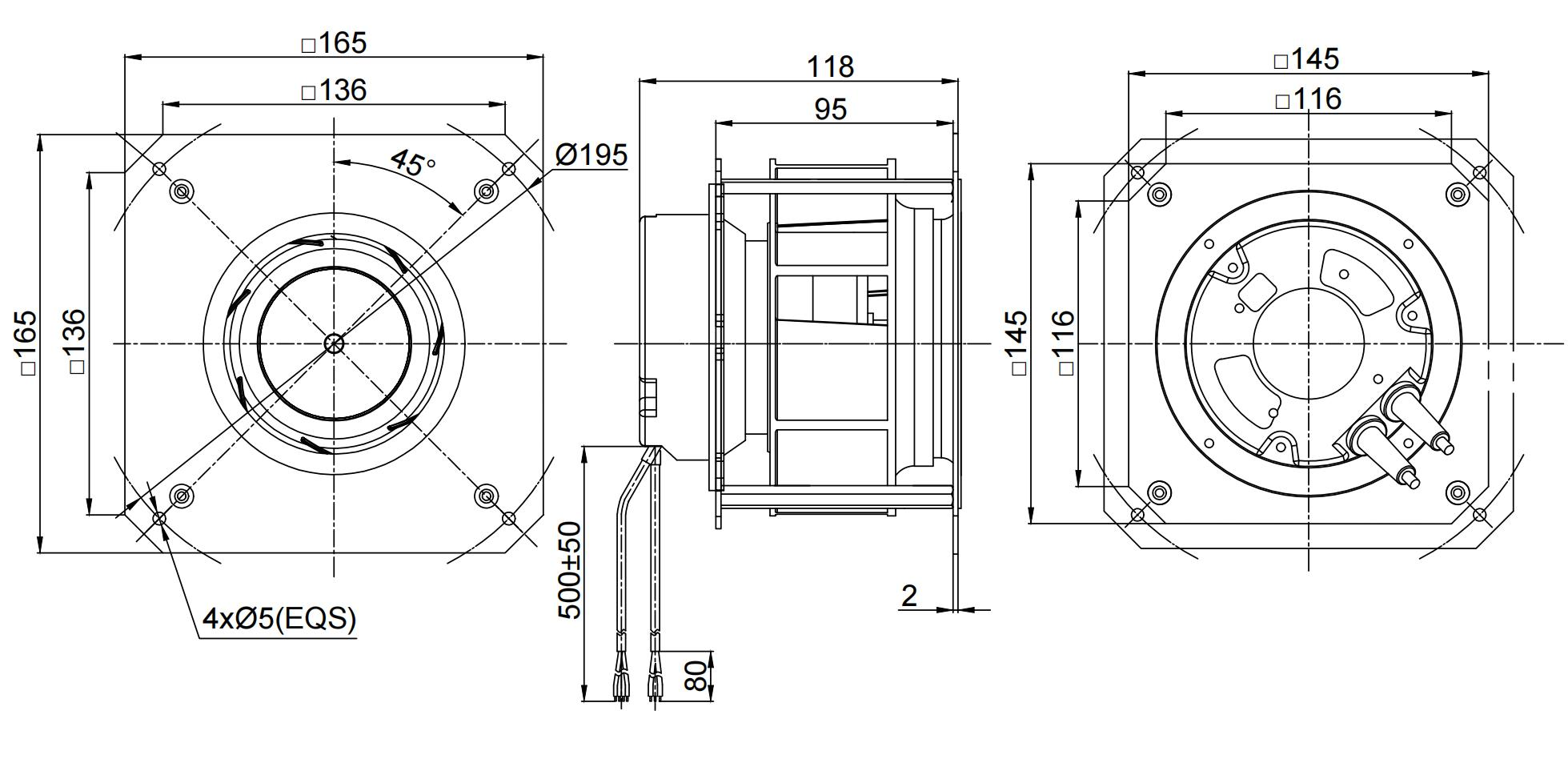 133mm EC-AC Backward Curved Centrifugal Fan with Support Bracket  PK3N133B2EH