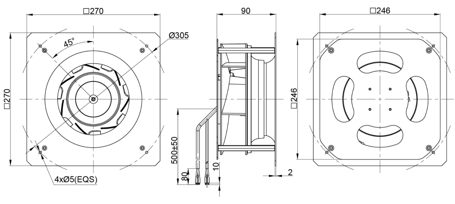 220mm EC-AC Backward Curved Centrifugal Fan with Support Bracket  PK3N220B2EM