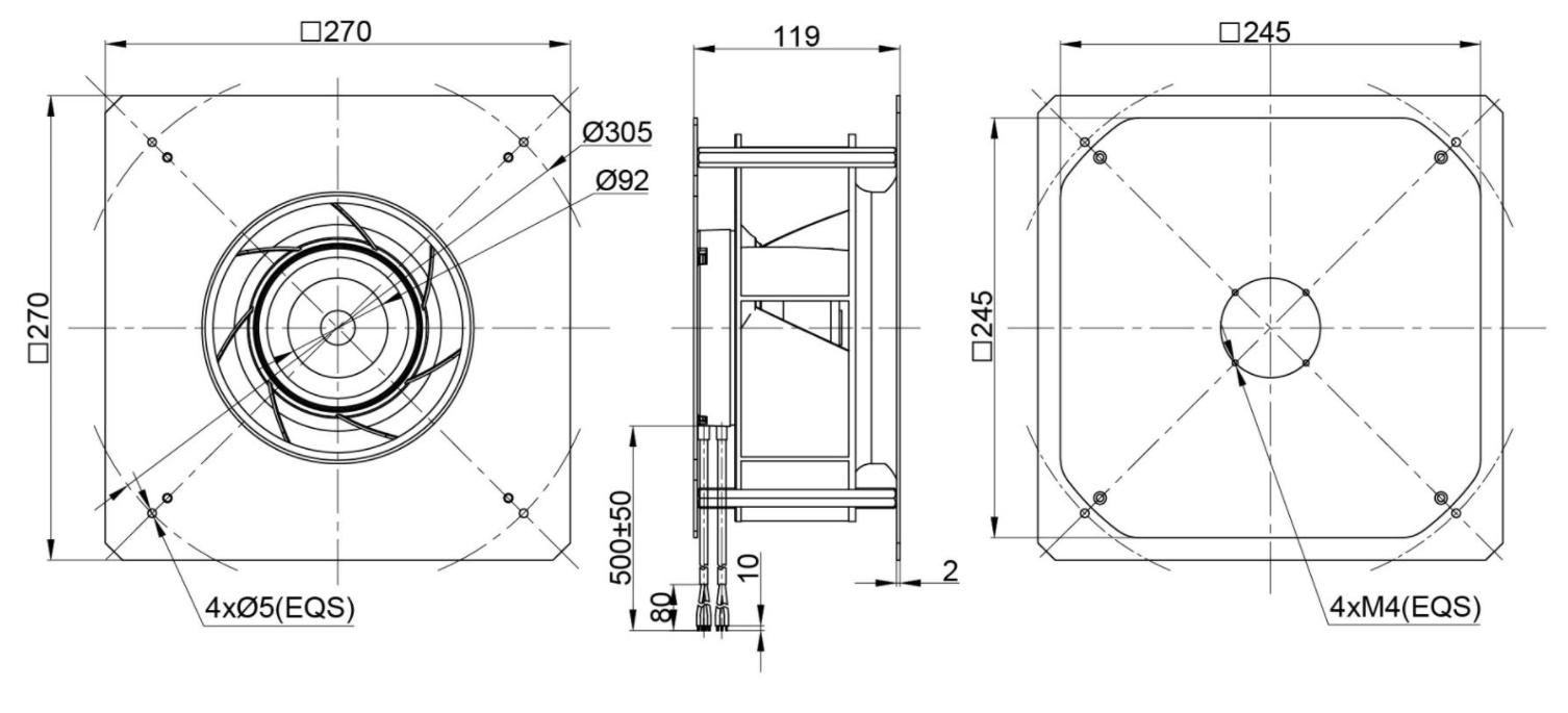 225mm EC-AC Backward Curved Centrifugal Fan with Support Bracket PK3N225B2EH