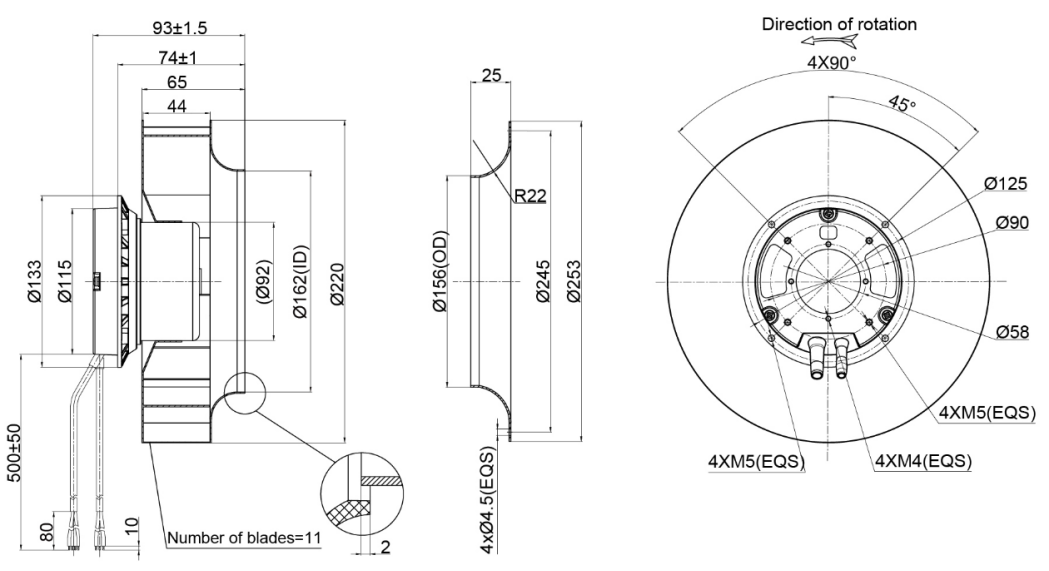 225mm EC-AC Backward Curved Centrifugal Fan with PB3N225B2EH