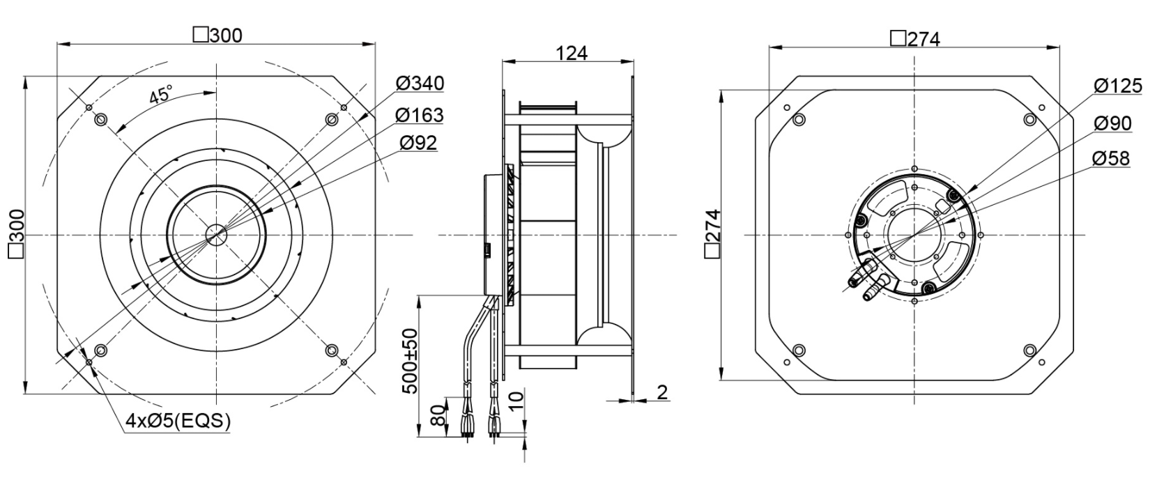 250mm EC-AC Backward Curved Centrifugal Fan with Support Bracket PK3N250B2EL