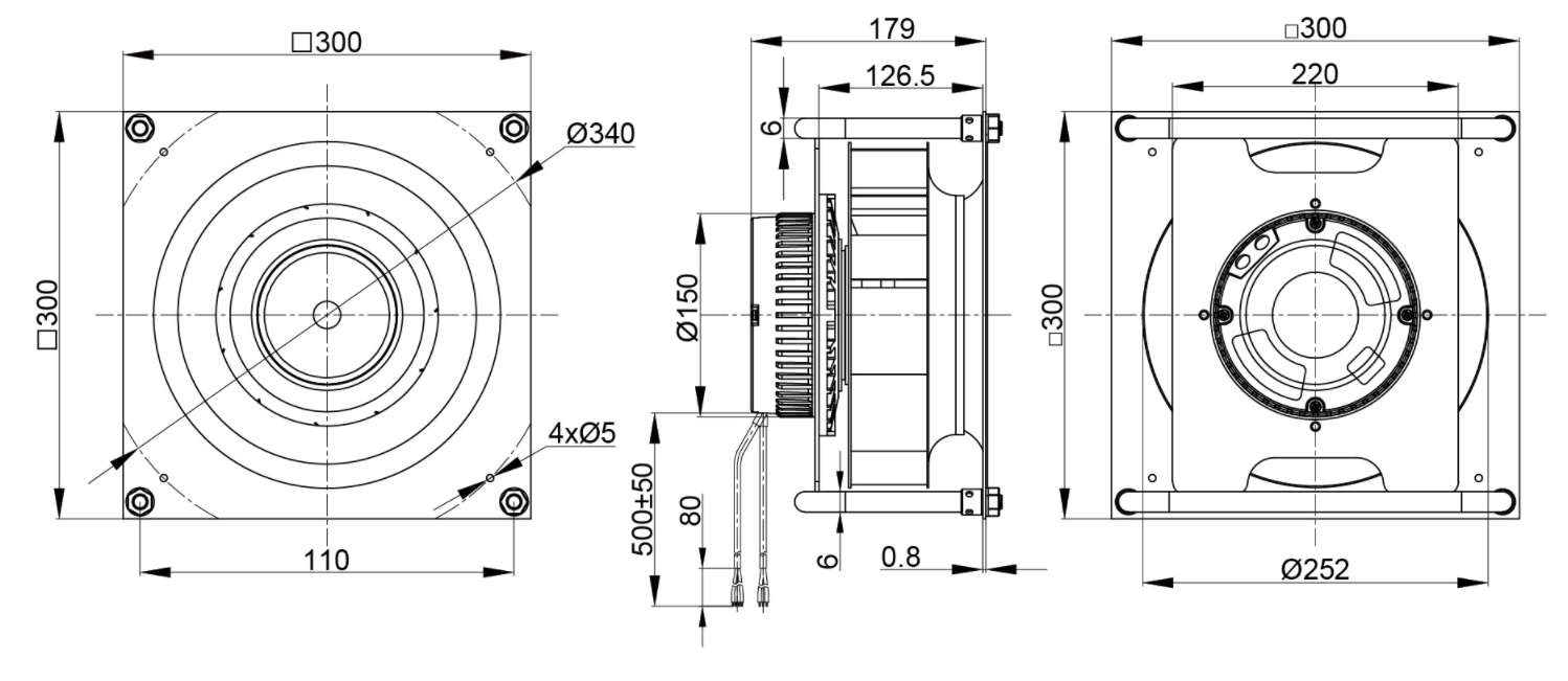 250mm EC-AC Backward Curved Centrifugal Fan with Support Bracket PK3N250B2EH