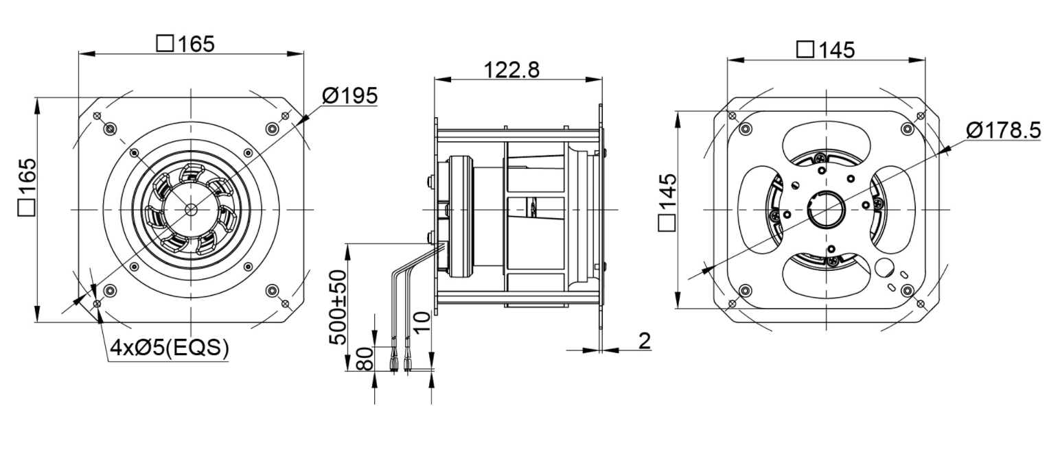 133mm Waterproof IP55 EC-AC Backward Curved Centrifugal Fan with Support Bracket PK3N133B2E-RB2