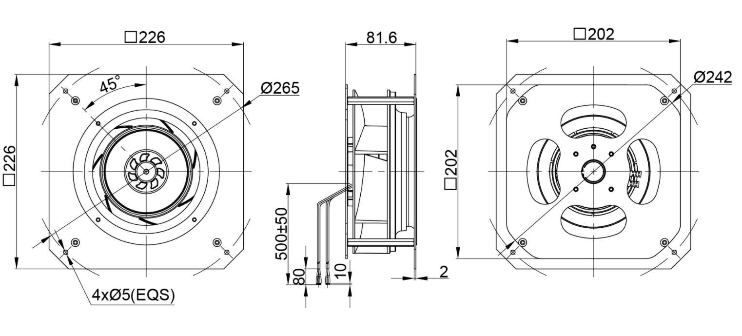 175mm Waterproof IP55 EC-AC Backward Curved Centrifugal Fan with Support Bracket PK3N175B2E-RZ0