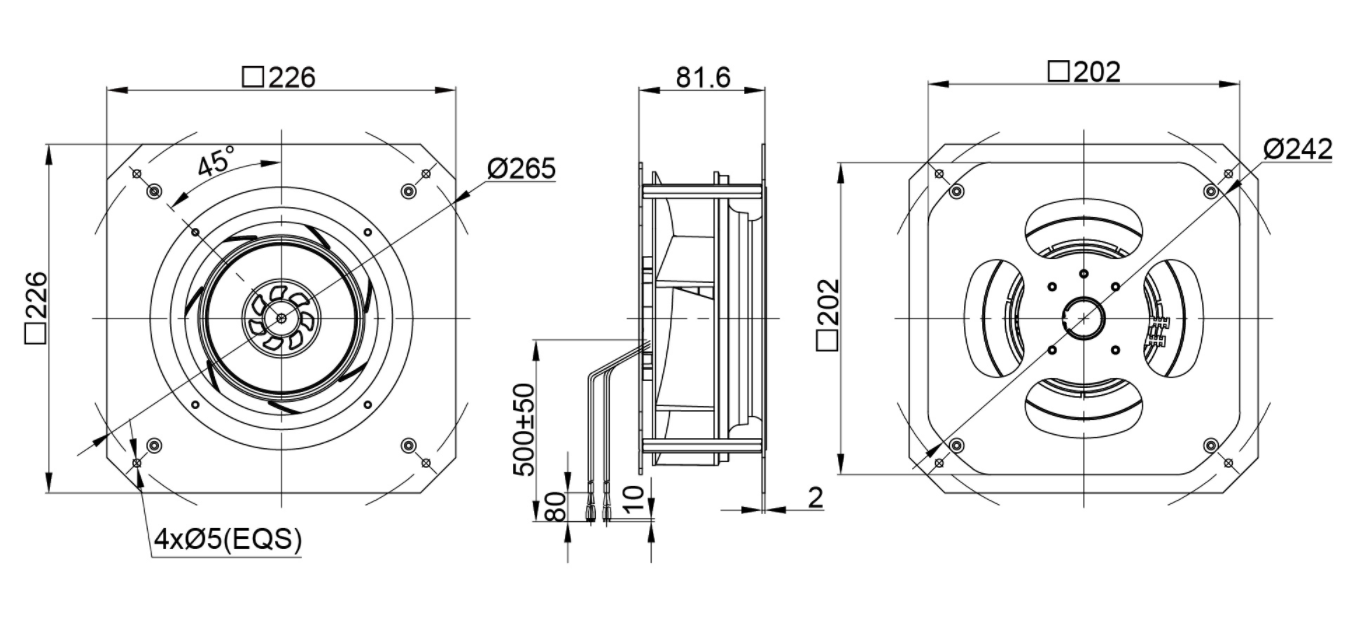 190mm Waterproof IP55 EC-AC Backward Curved Centrifugal Fan with Support Bracket  PK3N190B2E-RZ0