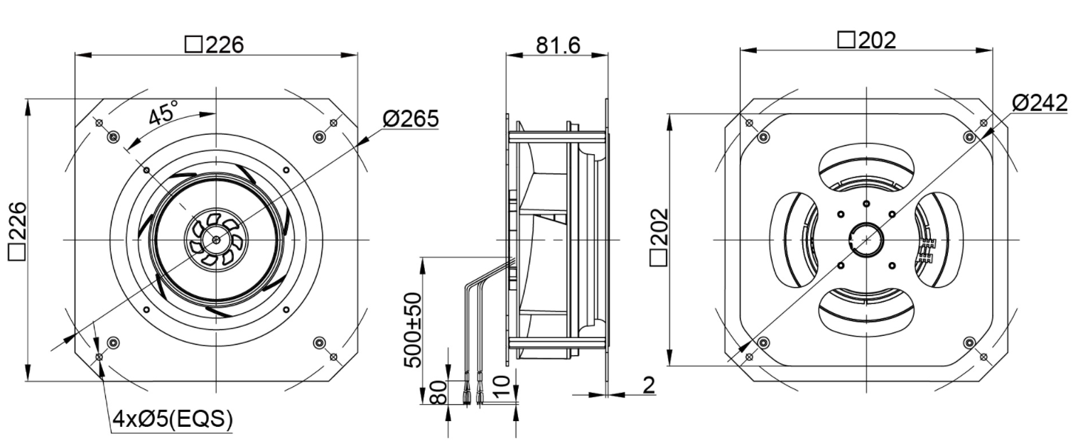 190mm Waterproof IP55 EC-AC Backward Curved Centrifugal Fan with Support Bracket PK3N190B2E-RZ1