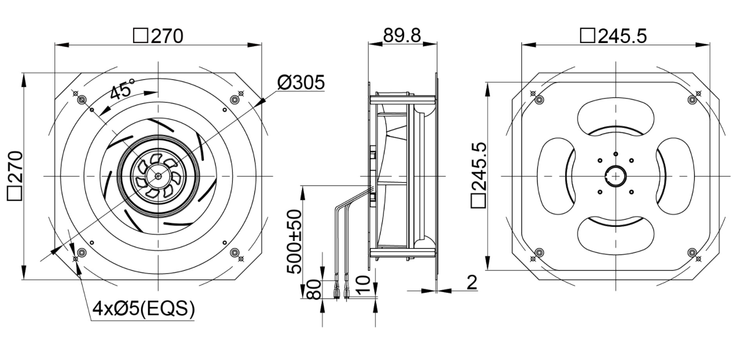 220mm Waterproof IP55 EC-AC Backward Curved Centrifugal Fan with Support Bracket PK3N220B2E-SZ0