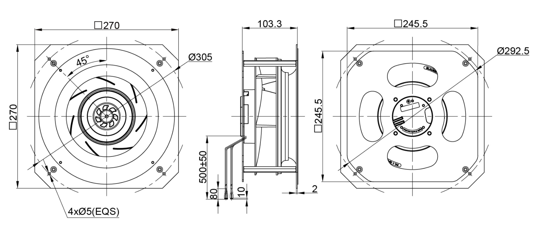 220mm Waterproof IP55 EC-AC Backward Curved Centrifugal Fan with Support Bracket PK3N220B2E-TZ0
