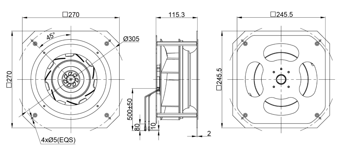 225mm Waterproof IP55 EC-AC Backward Curved Centrifugal Fan with Support Bracket PK3N225B2E-RG0
