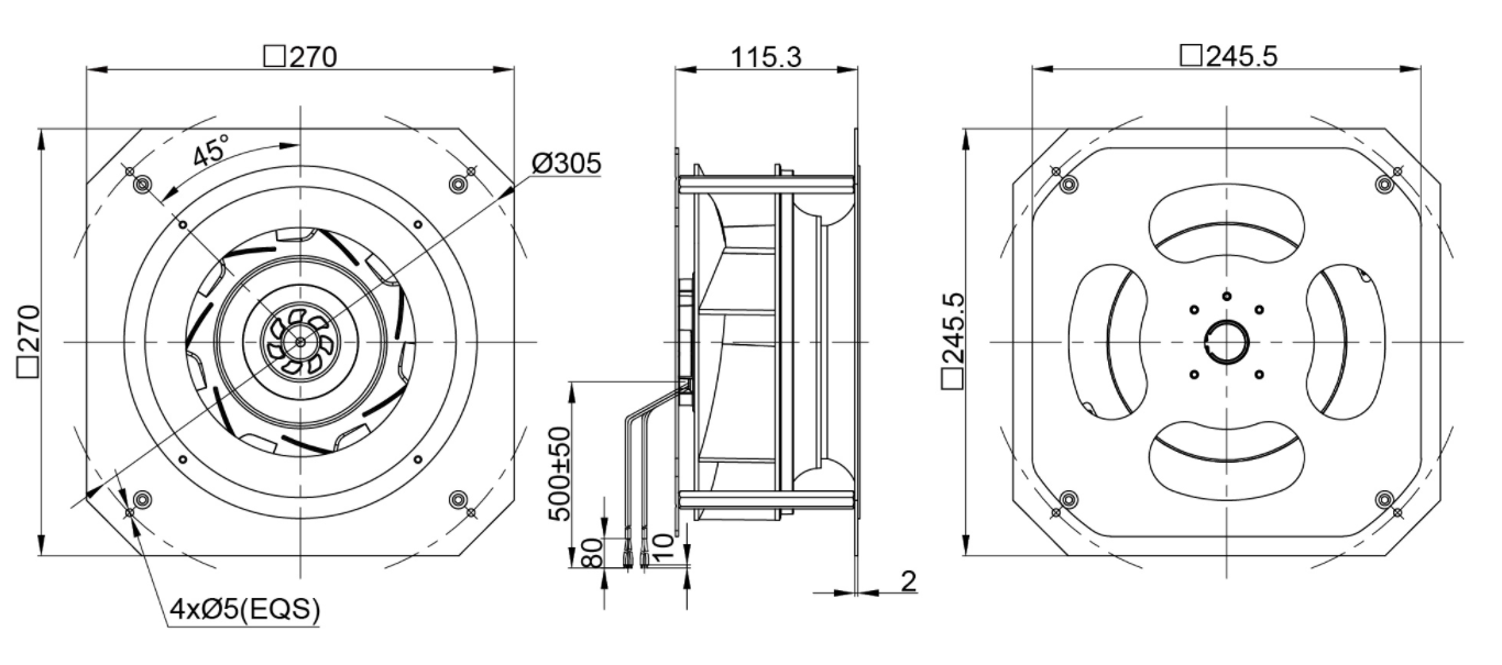 225mm Waterproof IP55 EC-AC Backward Curved Centrifugal Fan with Support Bracket PK3N225B2E-SG0
