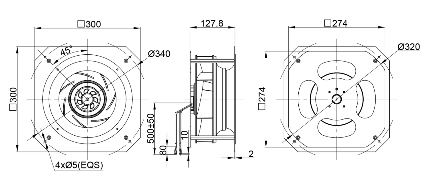 250mm Waterproof IP55 EC-AC Backward Curved Centrifugal Fan with Support Bracket PK3N250B2E-SZ0
