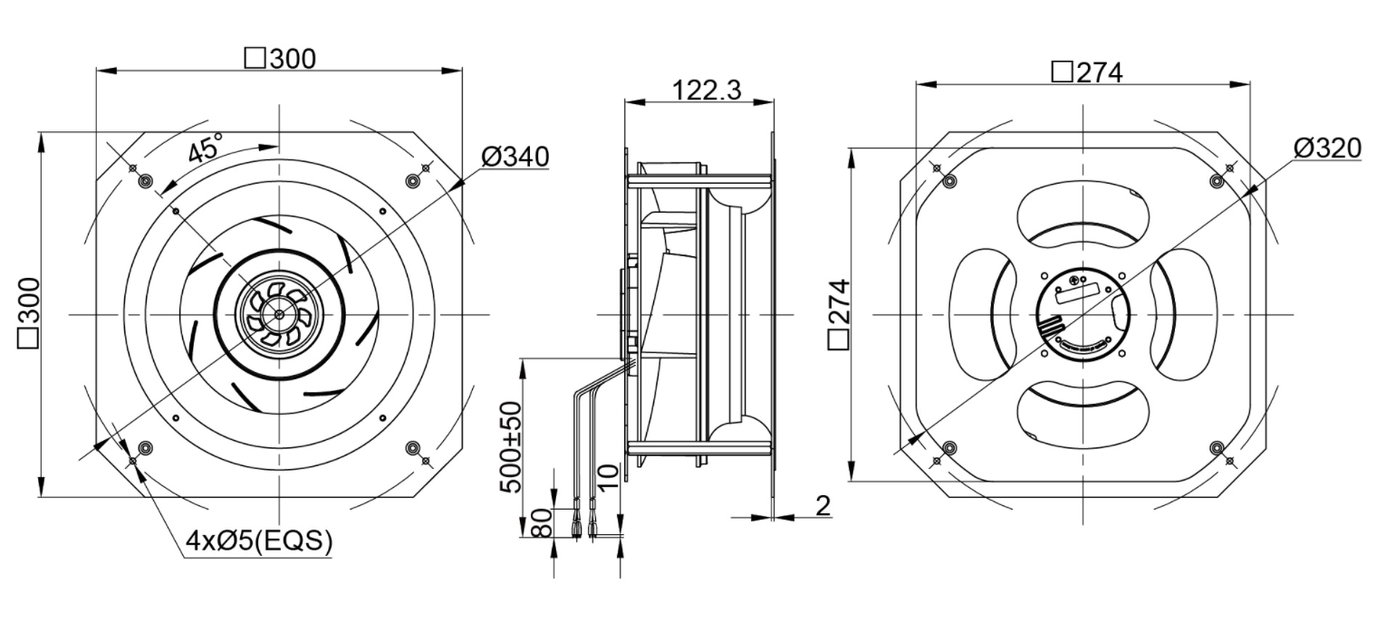 250mm Waterproof IP55 EC-AC Backward Curved Centrifugal Fan with Support Bracket PK3N250B2E-TZ0