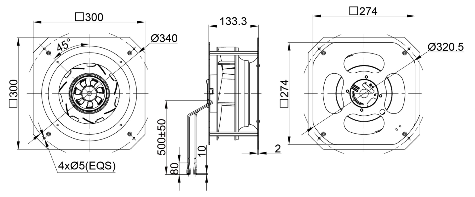 250mm Waterproof IP55 EC-AC Backward Curved Centrifugal Fan with Support Bracket PK3N250B2E-MZ0