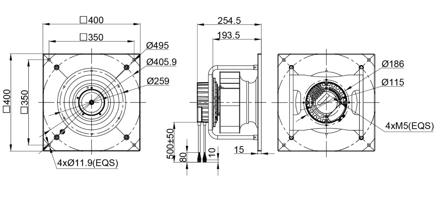 250mm waterproof iP55 eC-AC backward curved centrifugal fan with support bracket pK3N250B2E-YZ5