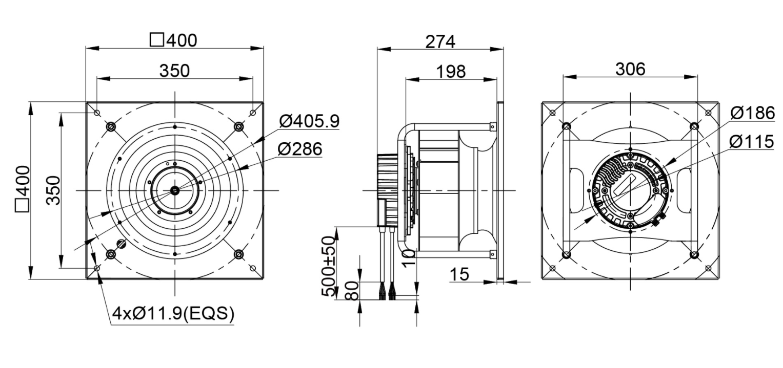 280mm Waterproof IP55 EC-AC Backward Curved Centrifugal Fan with Support Bracket PK3N280B2E-YZ5