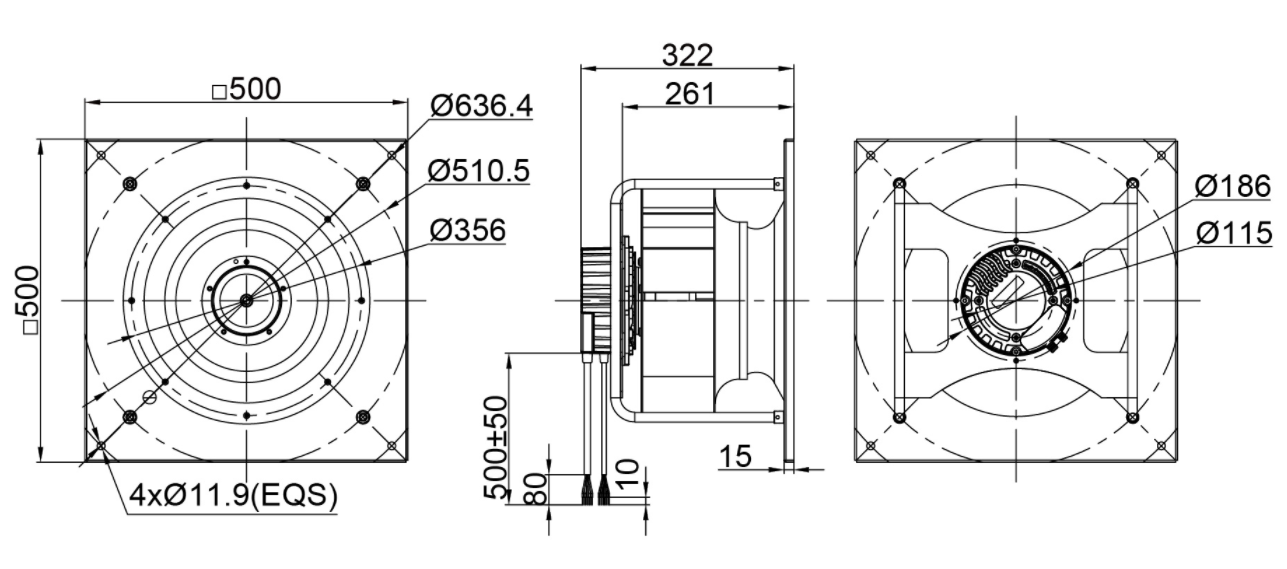 355mm Waterproof IP55 EC-AC Backward Curved Centrifugal Fan with Support Bracket PK3N355B2E-ZW5