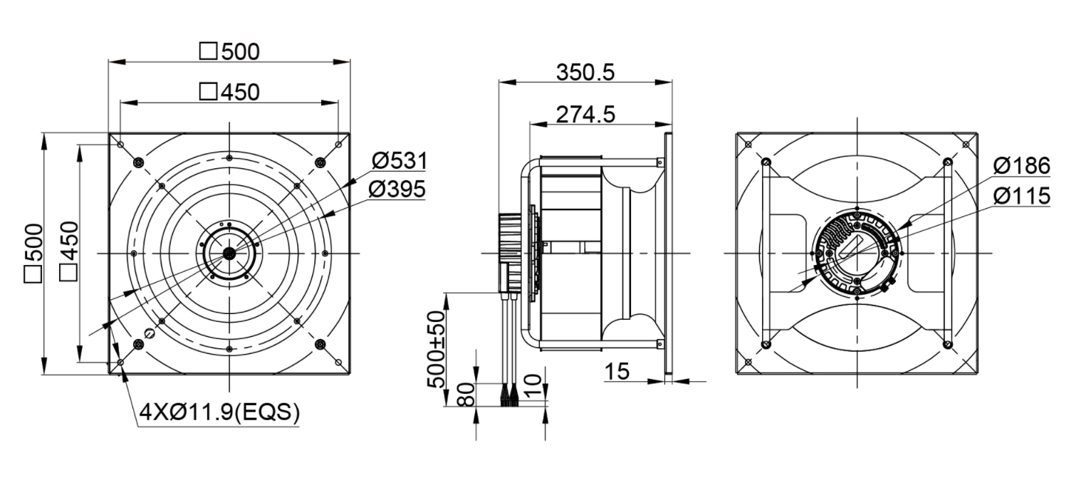 400mm Waterproof IP55 EC-AC Backward Curved Centrifugal Fan with Support Bracket PK3N400B2E-ZW5