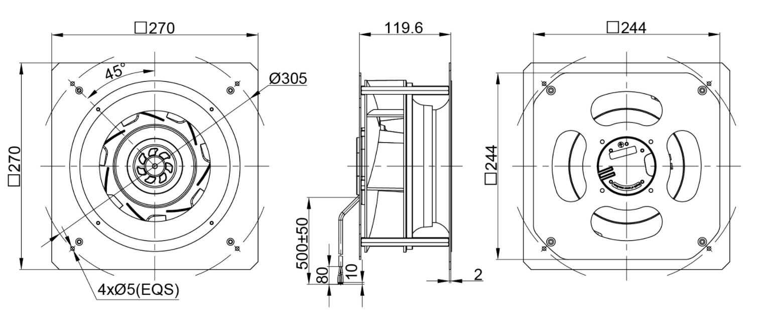 225mm EC-DC Waterproof IP55 Backward Curved Centrifugal Fan with Support Bracket PK3N225B24-TG0