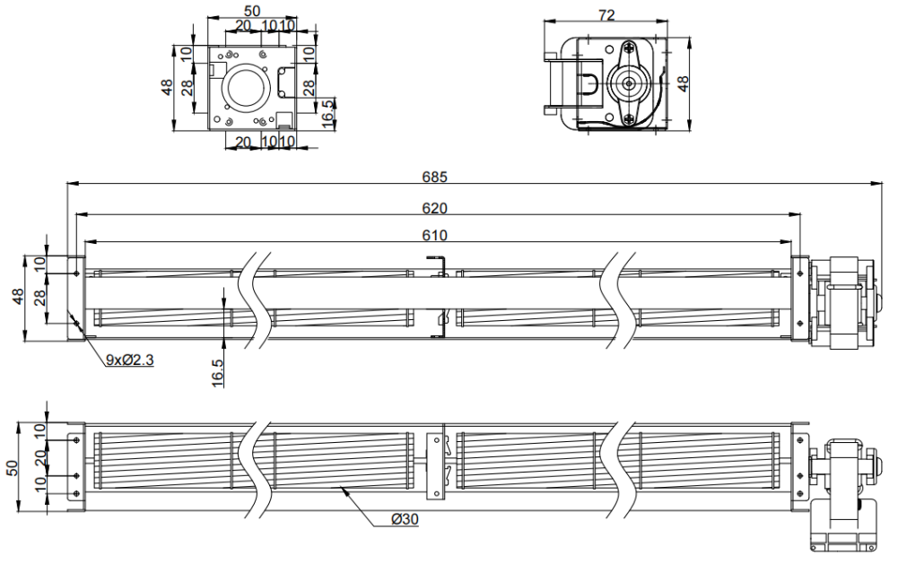 Φ30x610mm AC Cross Flow Fan PC30B2A610L