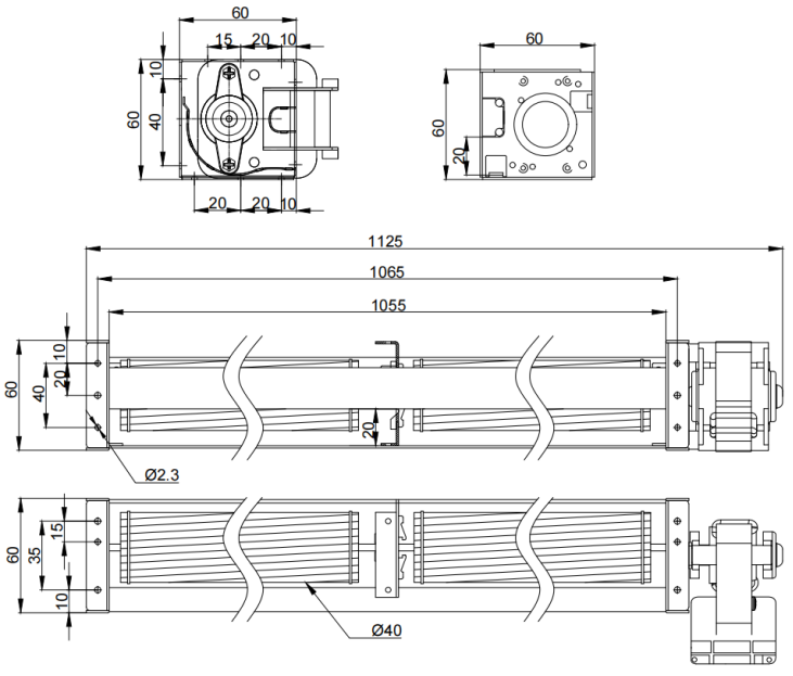 Φ40x1055mm AC Cross Flow Fan PC40B2A1055L