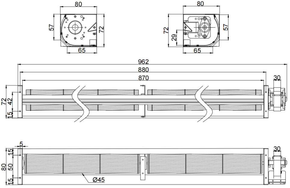 Φ45x870mm AC Cross Flow Fan PC45B2A870L