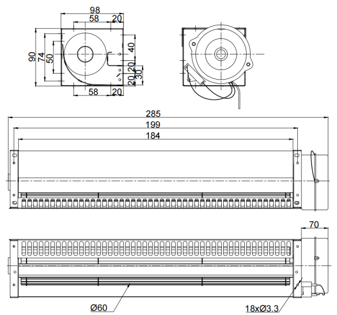 Φ60x184mm AC Cross Flow Fan PC60B2A184D